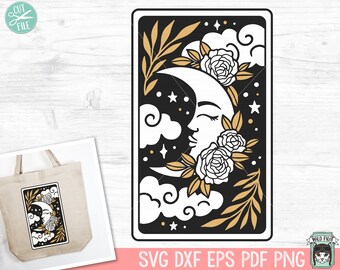 May include: A black and gold digital design featuring a crescent moon with a face, surrounded by white roses, leaves, and clouds. The design is perfect for creating crafts, cards, and other projects.