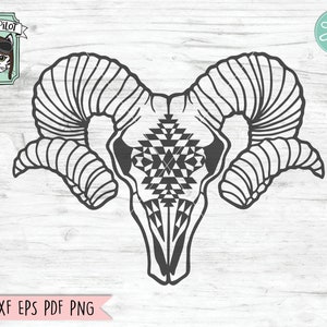 May include: Black and white line art illustration of a ram skull with geometric patterns on the skull and horns.
