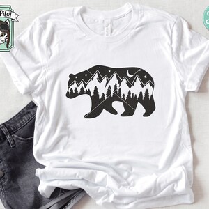 Bear SVG, Bear Silhouette SVG, Bear Mountain Scene, Forest Trees, Camping svg file, hiking, adventure, Mountain range, night sky, outdoors image 2