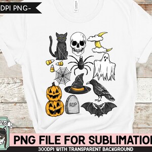Halloween Doodles SUBLIMATION design PNG, Halloween png file sublimation design, Fall, Autumn, Pumpkin, Skull, Cat, Bat, Ghost, Spider, Crow image 1