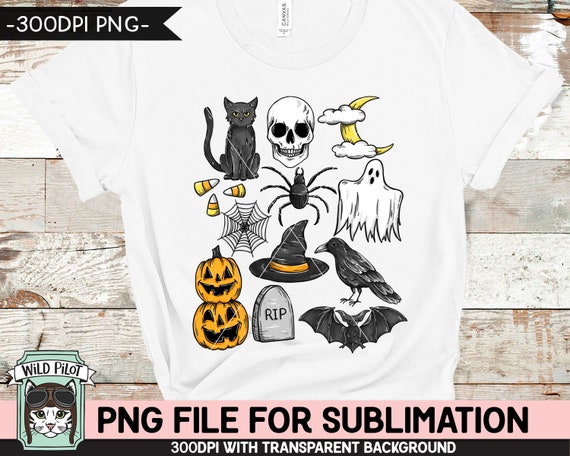 Halloween Doodles SUBLIMATION design PNG, Halloween png file sublimation design, Fall, Autumn, Pumpkin, Skull, Cat, Bat, Ghost, Spider, Crow