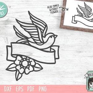 Bird SVG file, Ribbon Banner SVG file, Sparrow svg file, Tattoo svg, Ribbon Banner, Border, Lovebirds, Bird Flower Ribbon Banner cut file