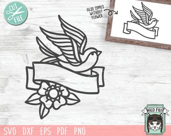Bird SVG file, Ribbon Banner SVG file, Sparrow svg file, Tattoo svg, Ribbon Banner, Border, Lovebirds, Bird Flower Ribbon Banner cut file