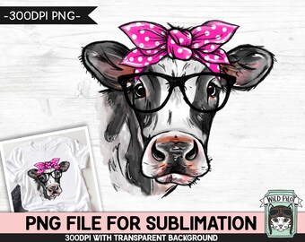 Cow SUBLIMATION PNG, Cow Glasses Bandana png file, Pink Polka Dot Bandana Cow png, Watercolor Cow png file, Glasses Cow Face png