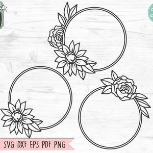 Flower Frame SVG, Round Flower Frame SVG cut File, Flower Monogram Frame, Floral Wreath svg cut file, Sunflower Wreath Rose Frame