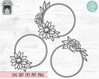 Bloem frame SVG, ronde bloem frame SVG gesneden bestand, bloem monogram frame, bloemen krans svg bestand knippen, zonnebloem krans roos frame