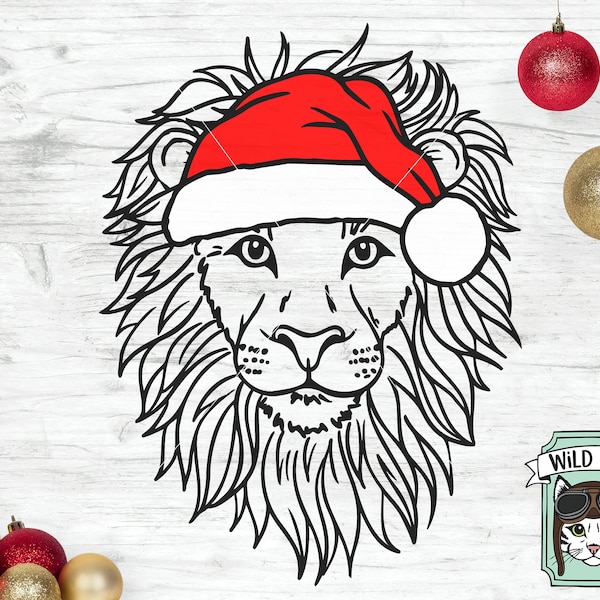 Lion Santa hat svg file, Lion with Hat svg, Christmas svg file, Lion svg, Christmas cut file, Christmas Animals svg, Animal Santa hat, Wild