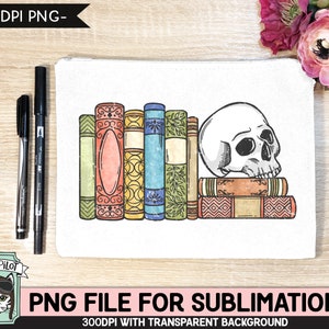 May include: A white canvas tote bag with a design of a skull resting on top of a stack of colorful books. The books have a vintage, worn look with intricate details. The text "PNG FILE FOR SUBLIMATION" is printed below the design.