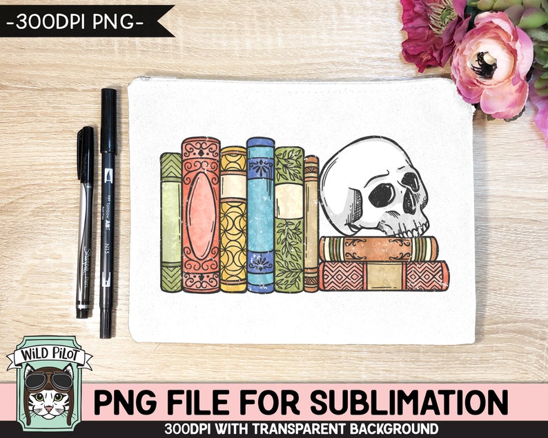 May include: A white canvas tote bag with a design of a skull resting on top of a stack of colorful books. The books have a vintage, worn look with intricate details. The text "PNG FILE FOR SUBLIMATION" is printed below the design.