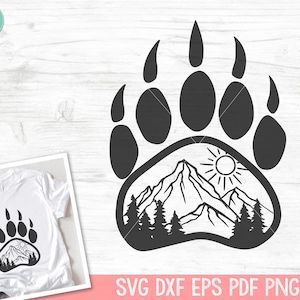 Bear Paw Print SVG, Paw Print SVG, Bergscène SVG, Bosbomen SVG, Camping SVG, Wandelen SVG, Avontuur SVG, Buiten SVG, Explorer SVG