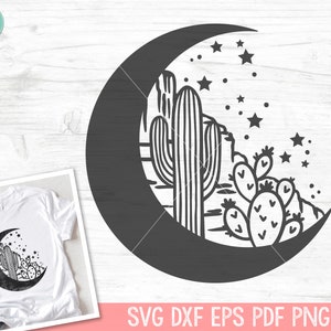 May include: Black and white silhouette of a crescent moon with a cactus and stars inside. The moon is filled in black and the cactus and stars are outlined in black.