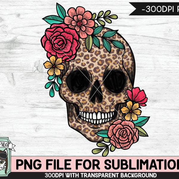 Floral léopard tête de mort sublimation design PNG, fichier png fleur léopard tête de mort, fleurs tête de mort PNG sublimation conceptions, tête de mort numérique téléchargement