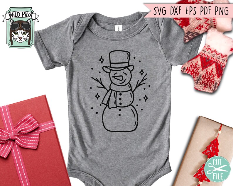 May include: A gray baby onesie with a black line drawing of a snowman wearing a hat and scarf. The snowman is surrounded by small stars.