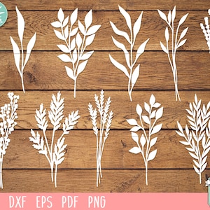 Puede incluir: Un conjunto de 12 imágenes en silueta blanca de diferentes ramitas y ramas florales. Las imágenes están sobre un fondo de madera. Las imágenes son para usar con una máquina de corte.