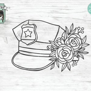 Puede incluir: Un dibujo en blanco y negro de un sombrero de polic&iacute;a con una estrella en la parte delantera y un dise&ntilde;o floral en el lateral.