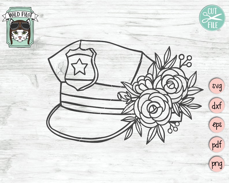 Puede incluir: Un dibujo en blanco y negro de un sombrero de polic&iacute;a con una estrella en la parte delantera y un dise&ntilde;o floral en el lateral.