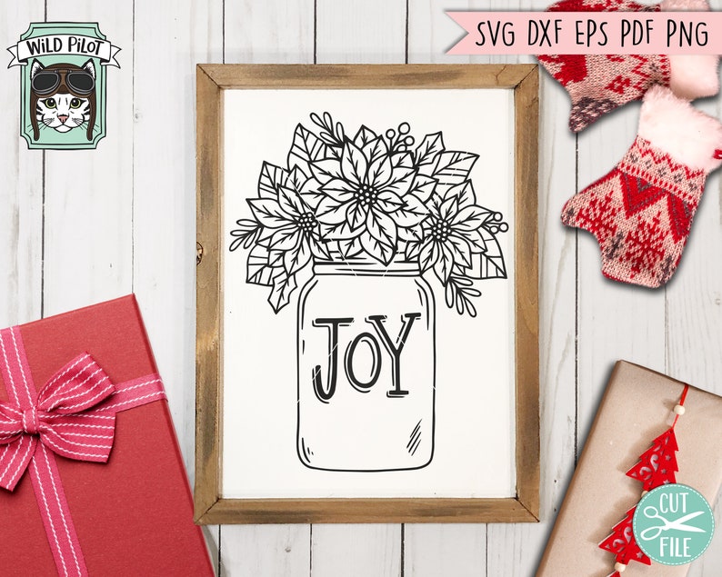 May include: Black and white line art design of a mason jar filled with poinsettia flowers and the word "JOY" written on the jar.