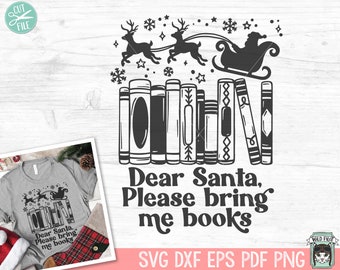 May include: Black and white illustration of a stack of books with a Christmas theme. Santa Claus is flying in a sleigh pulled by reindeer above the books. The text reads "Dear Santa, Please bring me books".