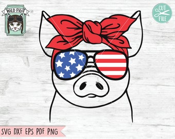 July 4th Pig SVG,  Fourth of July Pig svg file, Pig Glasses svg, July 4th cut file, Pig Bandana, USA, July 4th Animals svg, Funny Pig svg