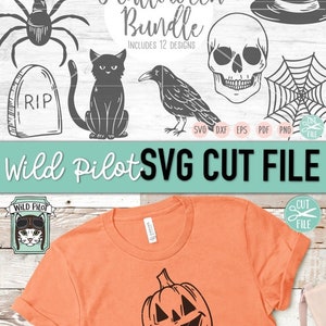 May include: A set of 12 Halloween SVG cut files, including a black cat, a skull, a spider, a ghost, a witch's hat, a crow, a pumpkin, a tombstone, a crescent moon, a bat, a spider web, and candy corn. The files are perfect for creating Halloween crafts, decorations, and more.