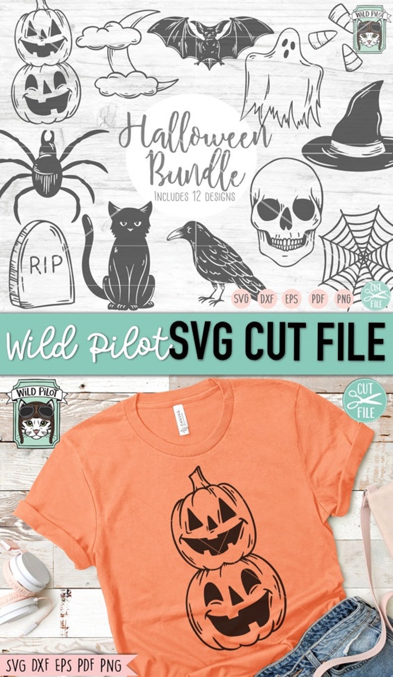 May include: A set of 12 Halloween SVG cut files, including a black cat, a skull, a spider, a ghost, a witch's hat, a crow, a pumpkin, a tombstone, a crescent moon, a bat, a spider web, and candy corn. The files are perfect for creating Halloween crafts, decorations, and more.