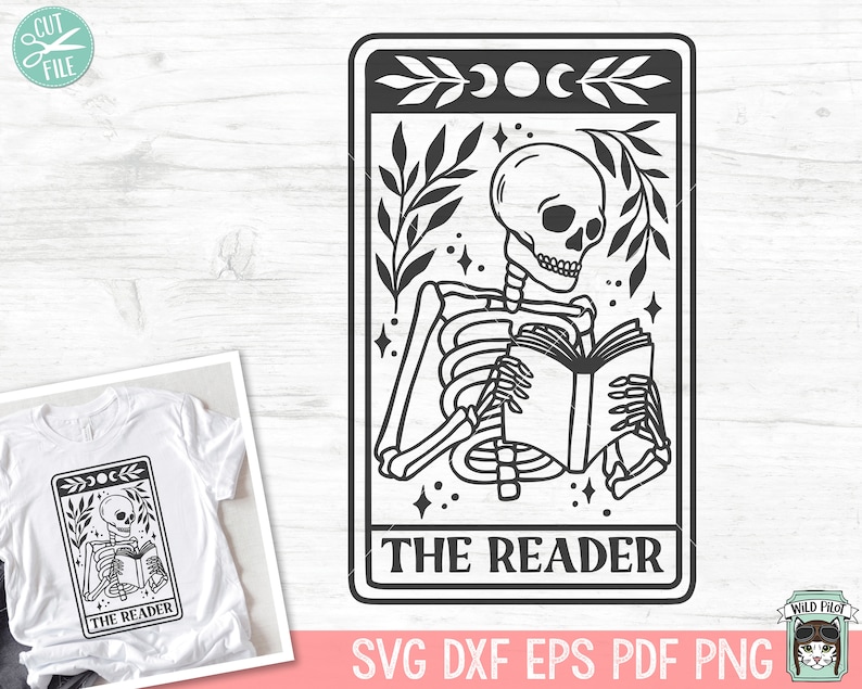 May include: A black and white illustration of a skeleton reading a book, labelled "The Reader." The design includes a crescent moon, stars, and leafy branches. A white t-shirt with the same design is also shown.