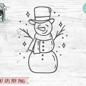 May include: A black and white line drawing of a snowman wearing a top hat and scarf. The snowman has a carrot nose and two small sticks for arms. There are small stars around the snowman.