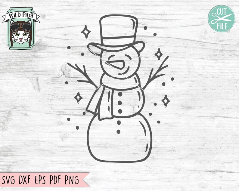 May include: A black and white line drawing of a snowman wearing a top hat and scarf. The snowman has a carrot nose and two small sticks for arms. There are small stars around the snowman.