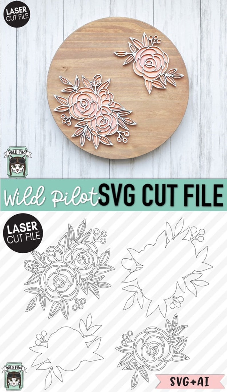 Puede incluir: Una descarga digital de un archivo de corte SVG de un ramo de flores. El archivo incluye cuatro dise&ntilde;os diferentes, cada uno con un grupo de rosas y hojas. Los dise&ntilde;os son perfectos para crear proyectos de corte por l&aacute;ser, como arte de pared, decoraci&oacute;n del hogar y tarjetas.