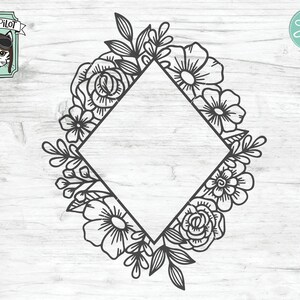 Floral Frame SVG, Floral Frame cut File, Diamond Flower Frame, Floral Border, Wedding Sign, Flower Monogram frame, Diamond Shape frame