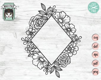 May include: Black and white line art floral frame with a diamond shape in the center. The frame is made up of roses, leaves, and other flowers.