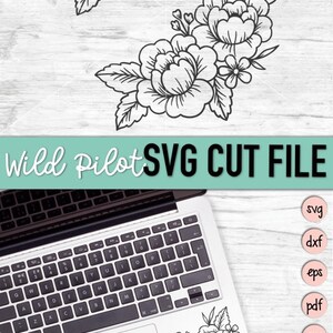 May include: Two black and white floral designs with large flowers and smaller flowers. The designs are on a white wood background. The text "Wild Pilot SVG CUT FILE" is at the top of the image. The image also includes a laptop with a floral design on the trackpad, a cut file logo, and a logo with a cat wearing aviator goggles.