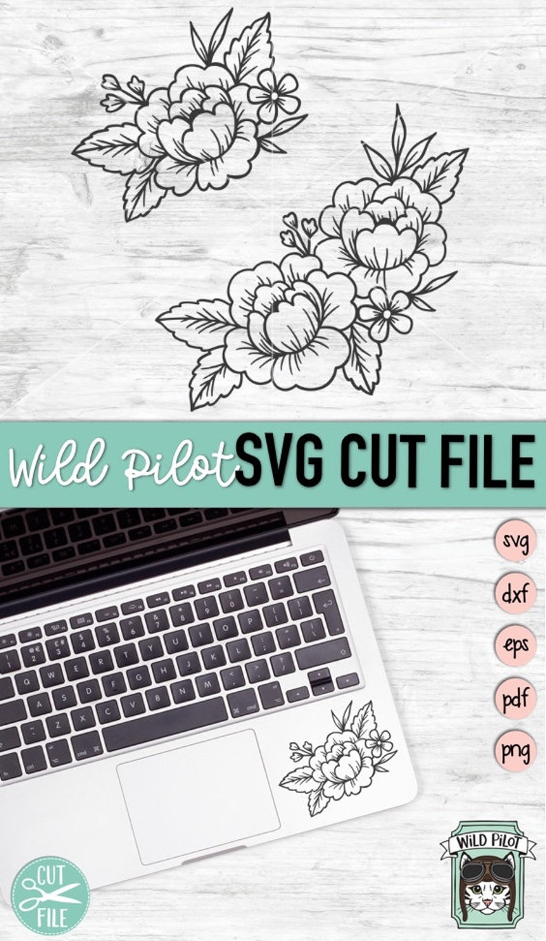 May include: Two black and white floral designs with large flowers and smaller flowers. The designs are on a white wood background. The text "Wild Pilot SVG CUT FILE" is at the top of the image. The image also includes a laptop with a floral design on the trackpad, a cut file logo, and a logo with a cat wearing aviator goggles.