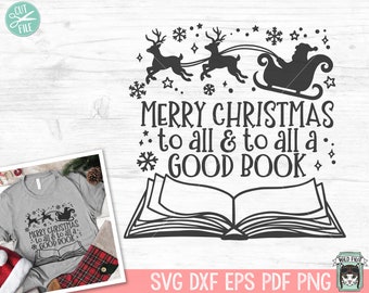 Op de afbeelding: Een zwart-wit grafisch ontwerp met de kerstman in een slee getrokken door rendieren met de tekst "Merry Christmas to all & to all a good book" en een open boek eronder.