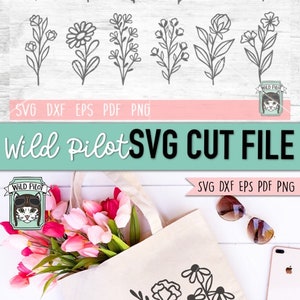 May include: A set of 12 hand-drawn flower SVG cut files. The flowers are in black outline and are perfect for crafting projects. The image shows a tote bag with the flowers printed on it.