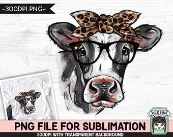 Cow SUBLIMATION PNG, Cow Glasses Leopard Bandana png file, Bandana Cow png, Watercolor Cow png file, Cow Face Sub png file, Glasses Cow Face