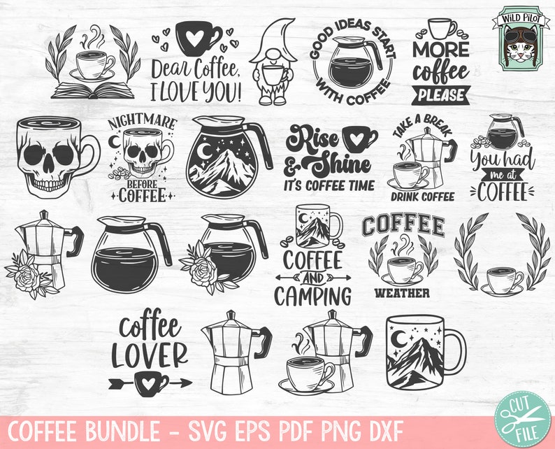 May include: A digital download bundle of 15 black and white coffee-themed SVG, EPS, PDF, PNG, and DXF files. The designs include coffee mugs, coffee pots, coffee beans, and text such as "Coffee Lover", "Nightmare Before Coffee", "Rise & Shine It's Coffee Time", "Coffee and Camping", and "Good Ideas Start With Coffee".