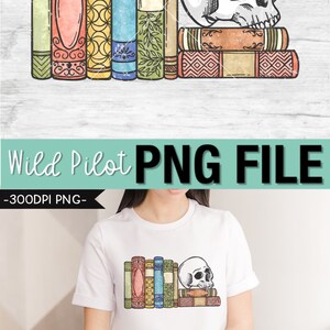 May include: A digital illustration of a stack of vintage books with a white skull resting on top. The books are colorful and have intricate designs. The skull has a detailed design with eye sockets and a jawbone.