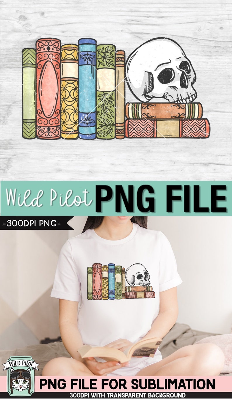 May include: A digital illustration of a stack of vintage books with a white skull resting on top. The books are colorful and have intricate designs. The skull has a detailed design with eye sockets and a jawbone.