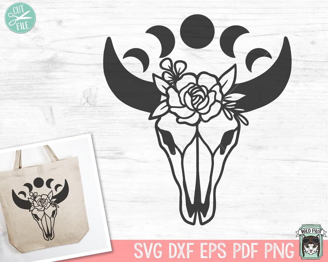 Cow Skull SVG, Flowers SVG, Floral SVG, Mystical Svg, Moon Phases Svg