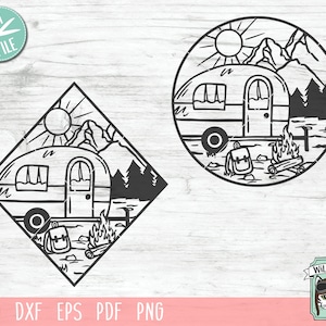 May include: Black and white line art illustration of a camper van parked in a mountain setting with a campfire and a backpack. The camper van has a window and a door. The mountains are in the background. The campfire is in the foreground. The backpack is next to the campfire.