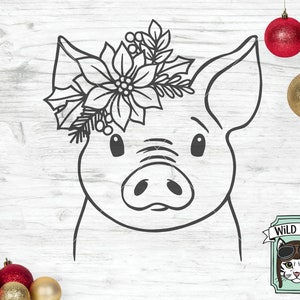 Christmas Pig SVG file, Pig Poinsettia SVG, Pig cut file, Pig Floral svg, Pig Flower, Christmas Animals svg, Poinsettia Animals, Farm Animal