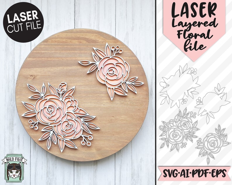 Puede incluir: Una descarga digital de dise&ntilde;os florales en capas para corte por l&aacute;ser. La imagen muestra una vista previa del dise&ntilde;o en una superficie de madera y una imagen separada de los contornos del dise&ntilde;o. El texto "LASER Layered Floral file" y "SVG-AI-PDF-EPS" est&aacute; incluido en la imagen.