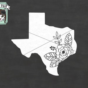 May include: Black and white outline of the state of Texas with a floral design in the bottom right corner. The floral design includes a large flower with petals and leaves.