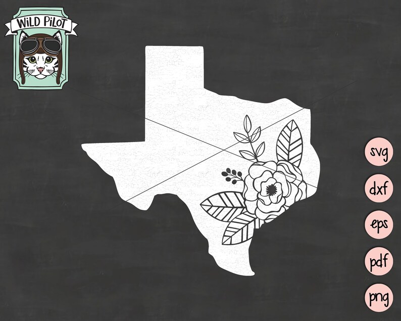 May include: Black and white outline of the state of Texas with a floral design in the bottom right corner. The floral design includes a large flower with petals and leaves.