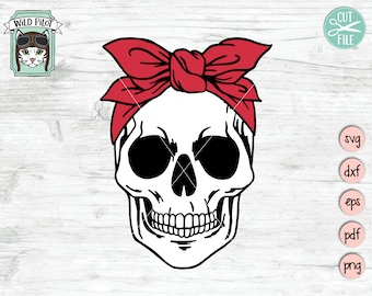 Pode incluir: Uma caveira branca com uma bandana vermelha amarrada em volta da cabeça. A bandana está amarrada em um laço no topo do crânio.