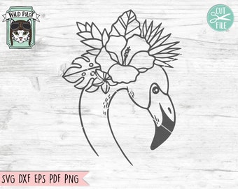 Flamingo SVG Cut File, Flamingo Face SVG, Flamingo Tropical Flowers svg, Hibiscus SVG, Tropical Leaves svg, Summer svg, Tropical Floral svg