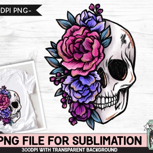 Puede incluir: Un cr&aacute;neo blanco con un arreglo floral rosa, morado y azul que cubre un lado del cr&aacute;neo. Las flores tienen un efecto de brillo.