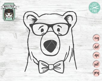 Bear svg file, Bear with Glasses Bowtie svg, Bear cut file, Animal Face, Baby Bear, Hipster, Cute Boy Bear svg, Cute Bear svg, Eyeglasses