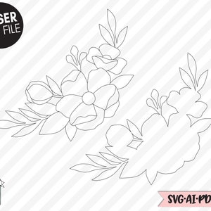 May include: Three black and white floral arrangements with a simple line art style. The arrangements are in the shape of a corner or border.